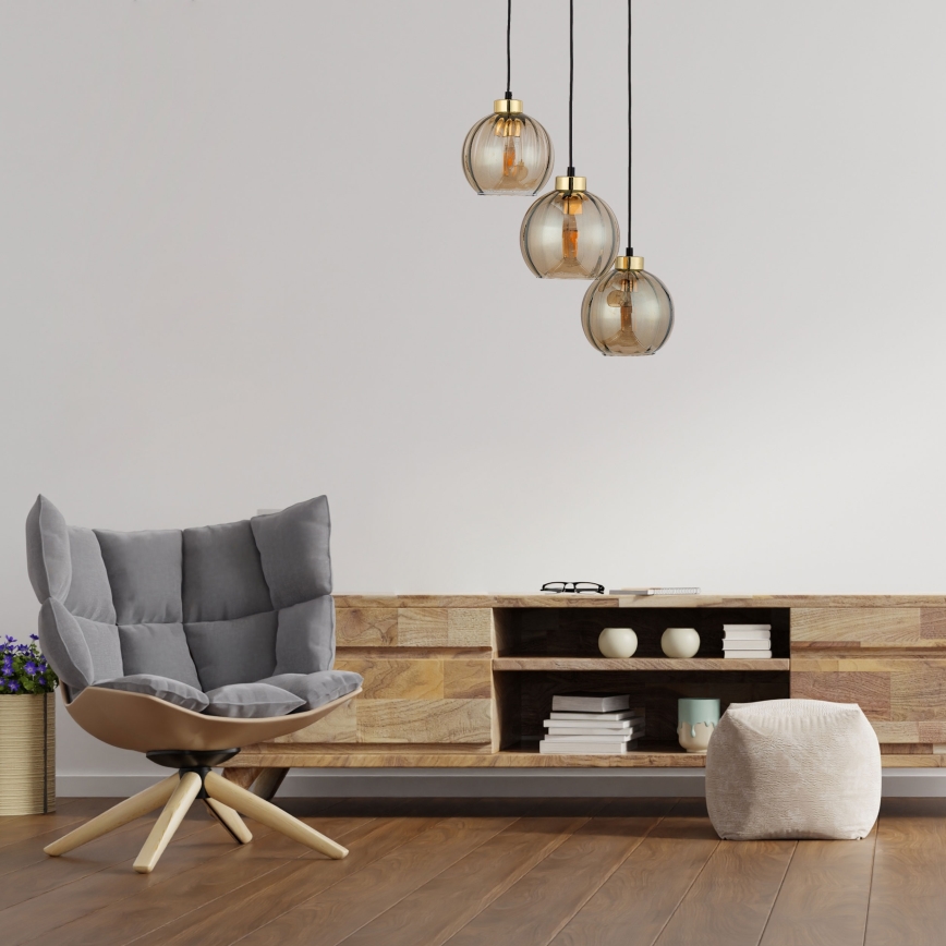 Κρεμαστό φωτιστικό με καλώδιο DEVI 3xE27/15W/230V μαύρο/καπνιστό μπεζ