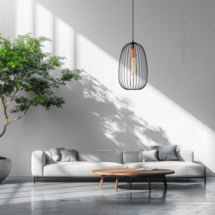 Κρεμαστό φωτιστικό με καλώδιο OVELLA 1xE27/15W/230V διάμ. 25 εκ. μαύρο/πεύκο
