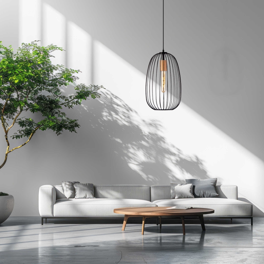 Κρεμαστό φωτιστικό με καλώδιο OVELLA 1xE27/15W/230V διάμ. 25 εκ. μαύρο/πεύκο