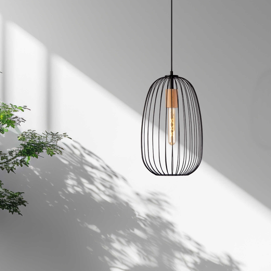 Κρεμαστό φωτιστικό με καλώδιο OVELLA 1xE27/15W/230V διάμ. 25 εκ. μαύρο/πεύκο