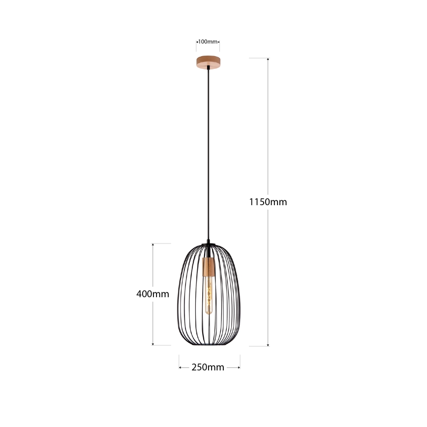 Κρεμαστό φωτιστικό με καλώδιο OVELLA 1xE27/15W/230V διάμ. 25 εκ. μαύρο/πεύκο