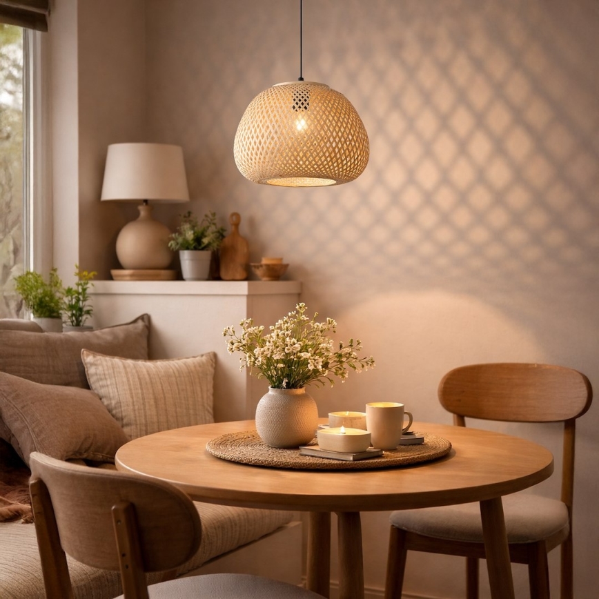 Κρεμαστό φωτιστικό με καλώδιο PETRA 1xE27/15W/230V Ø 35 cm μπαμπού
