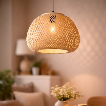 Κρεμαστό φωτιστικό με καλώδιο PETRA 1xE27/15W/230V Ø 35 cm μπαμπού