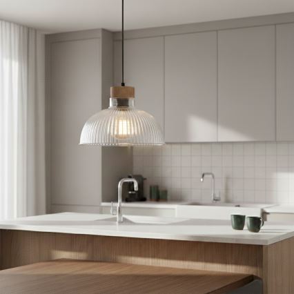 Κρεμαστό φωτιστικό με καλώδιο PIA 1xE27/60W/230V, διάμετρος 30 cm, φινίρισμα δρυός