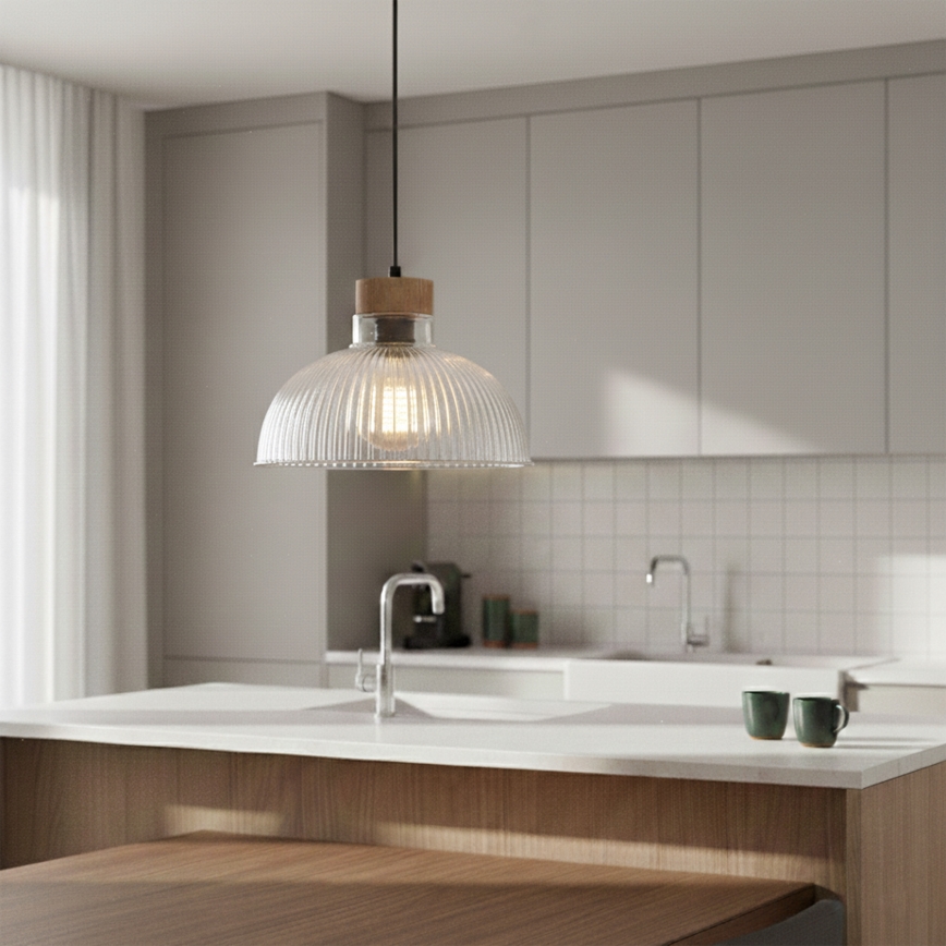 Κρεμαστό φωτιστικό με καλώδιο PIA 1xE27/60W/230V, διάμετρος 30 cm, φινίρισμα δρυός