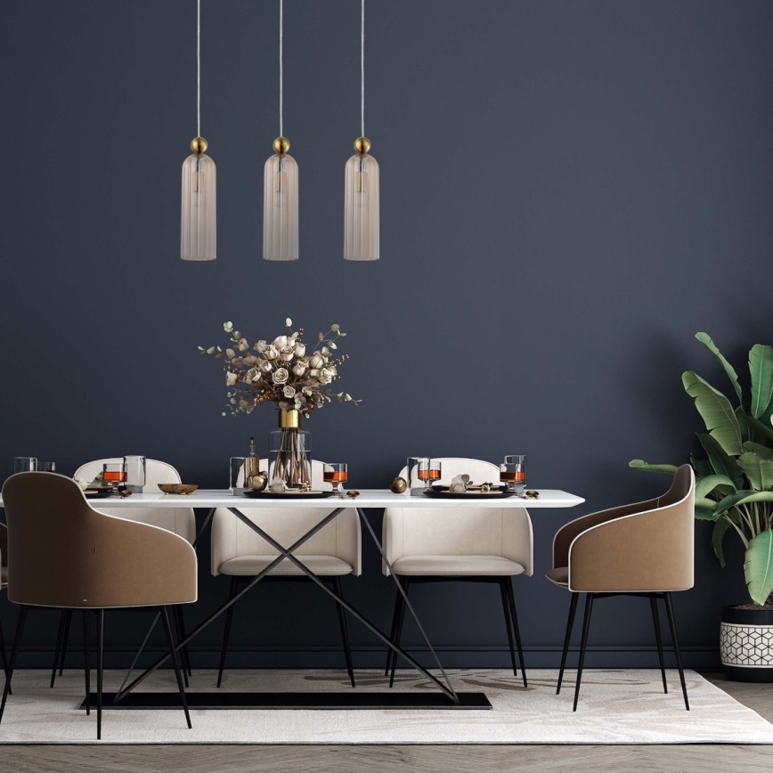 Κρεμαστό φωτιστικό με καλώδιο PIEGA 3xE14/40W/230V μπρούτζος/καπνιστό μπεζ