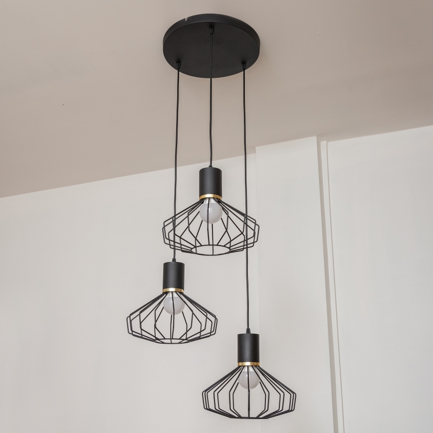 Κρεμαστό φωτιστικό με καλώδιο SOLANO 3xE27/15W/230V μαύρο/χρυσό