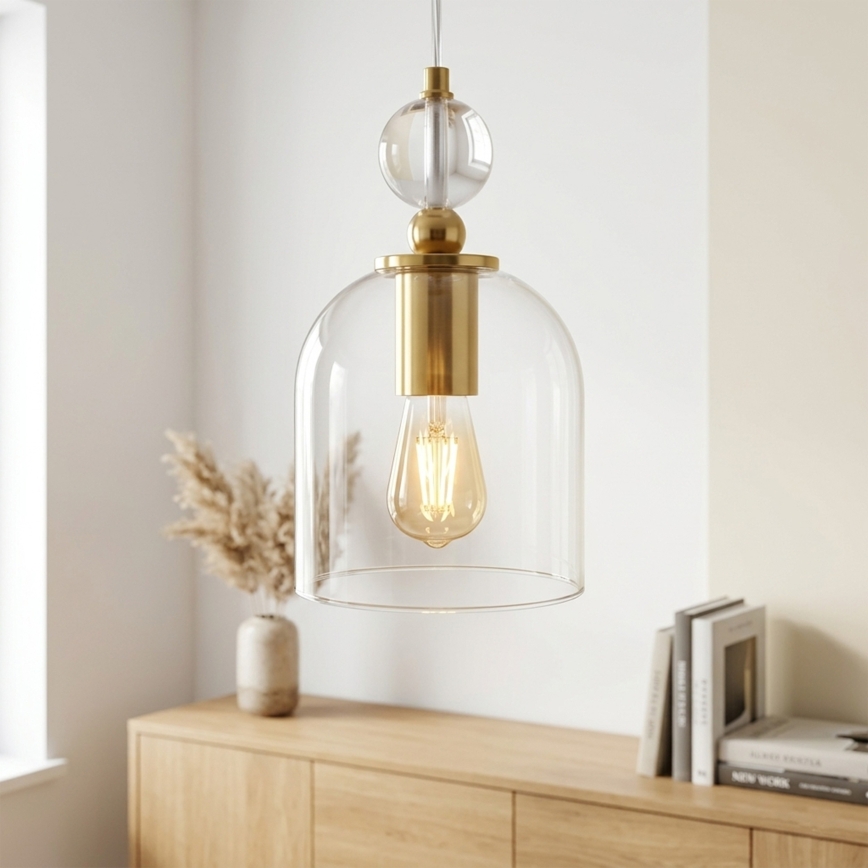 Κρεμαστό φωτιστικό με καλώδιο VELARE 1xE27/15W/230V χρυσό/διάφανο
