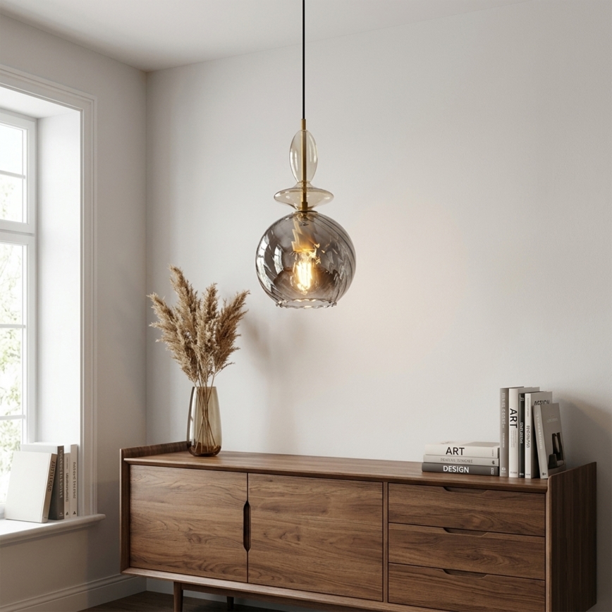 Κρεμαστό φωτιστικό με καλώδιο VELLO 1xE27/15W/230V μαύρο/καπνιστό μπεζ/μαύρο
