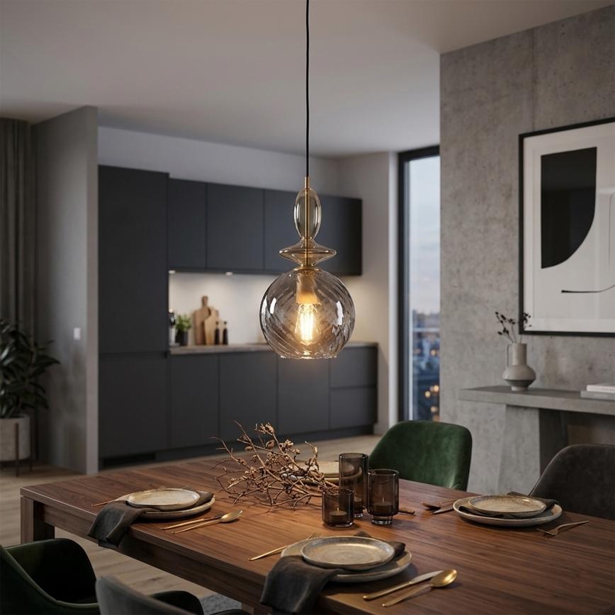 Κρεμαστό φωτιστικό με καλώδιο VELLO 1xE27/15W/230V μαύρο/καπνιστό μπεζ/μαύρο