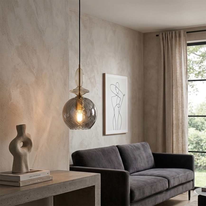 Κρεμαστό φωτιστικό με καλώδιο VELLO 1xE27/15W/230V μαύρο/καπνιστό μπεζ/μαύρο