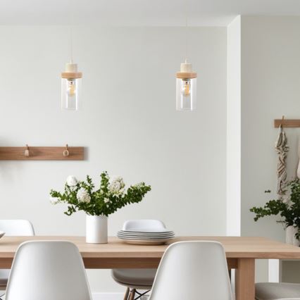 Κρεμαστό φωτιστικό με καλώδιο WOODNEST 1xE27/15W/230V, πεύκο/κρεμ απόχρωση