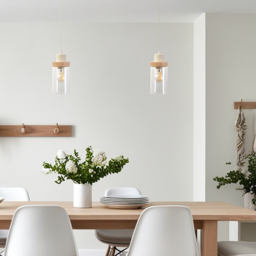 Κρεμαστό φωτιστικό με καλώδιο WOODNEST 1xE27/15W/230V, πεύκο/κρεμ απόχρωση