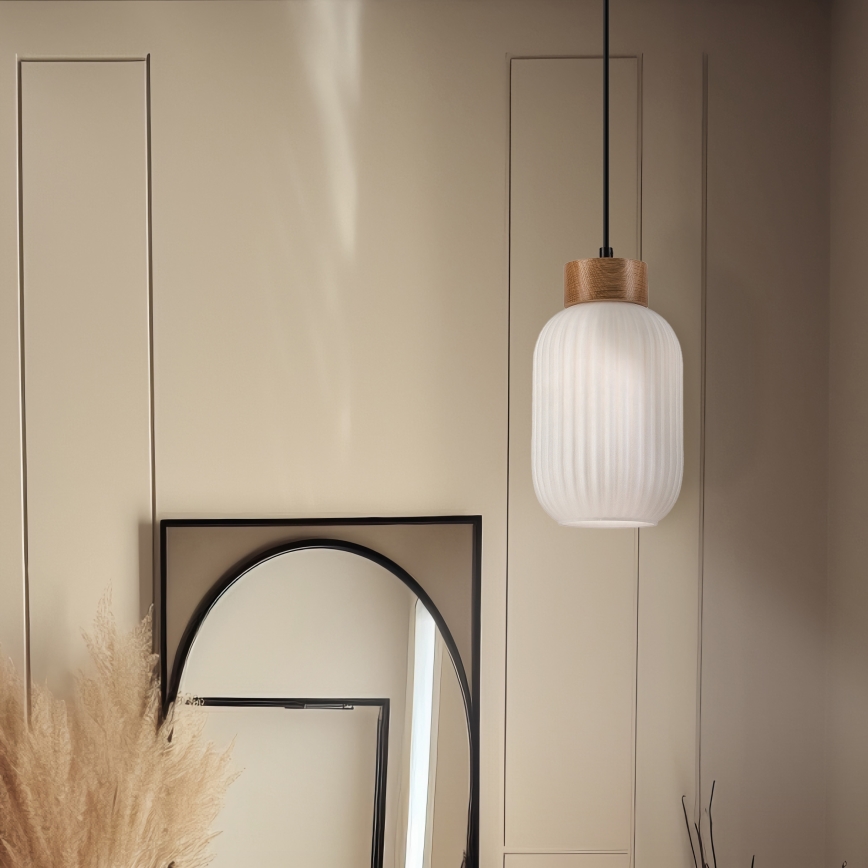 Κρεμαστό φωτιστικό οροφής HARMONY 1xE27/15W/230V διάμετρος 14 cm λευκό/δρυς