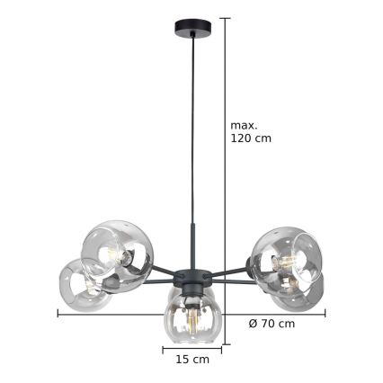 Κρεμαστό φωτιστικό οροφής KALIOPE 6xE27/60W/230V μαύρο/διαφανές