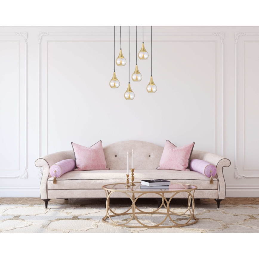 Κρεμαστό φωτιστικό οροφής LACRIMA HONEY 6xE27/60W/230V μαύρο/χρυσό/φιμέ μπεζ
