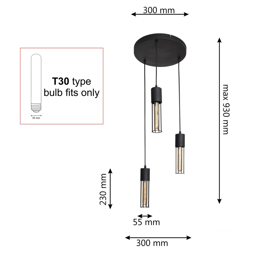 Κρεμαστό φωτιστικό οροφής MELODY 3xE27/15W/230V μαύρο