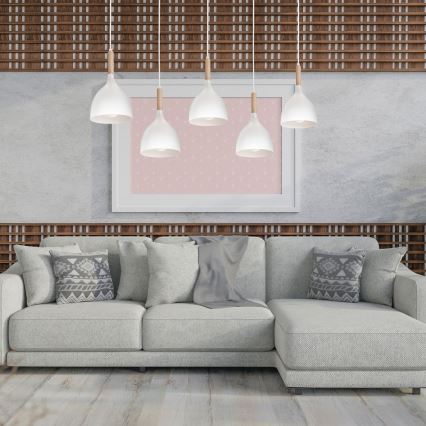 Κρεμαστό φωτιστικό οροφής NOAK 5xE27/15W/230V λευκό/οξιά