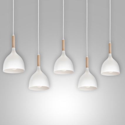 Κρεμαστό φωτιστικό οροφής NOAK 5xE27/15W/230V λευκό/οξιά