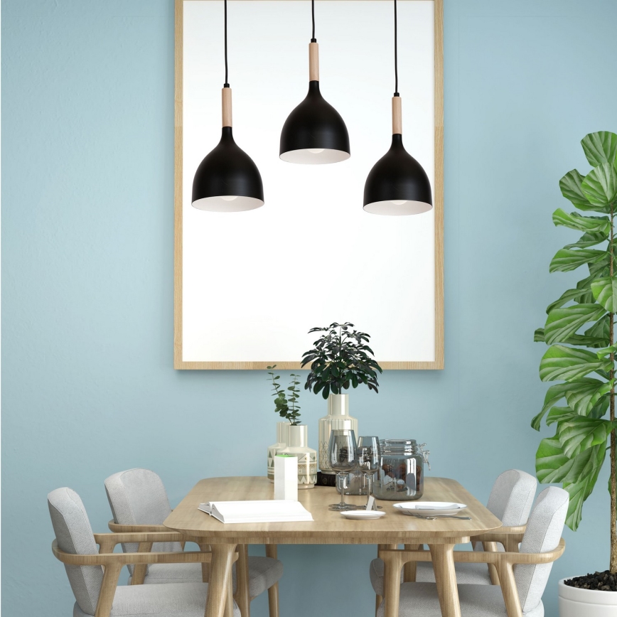 Κρεμαστό φωτιστικό οροφής NOAK WOOD 3xE27/15W/230V μαύρο/οξιά