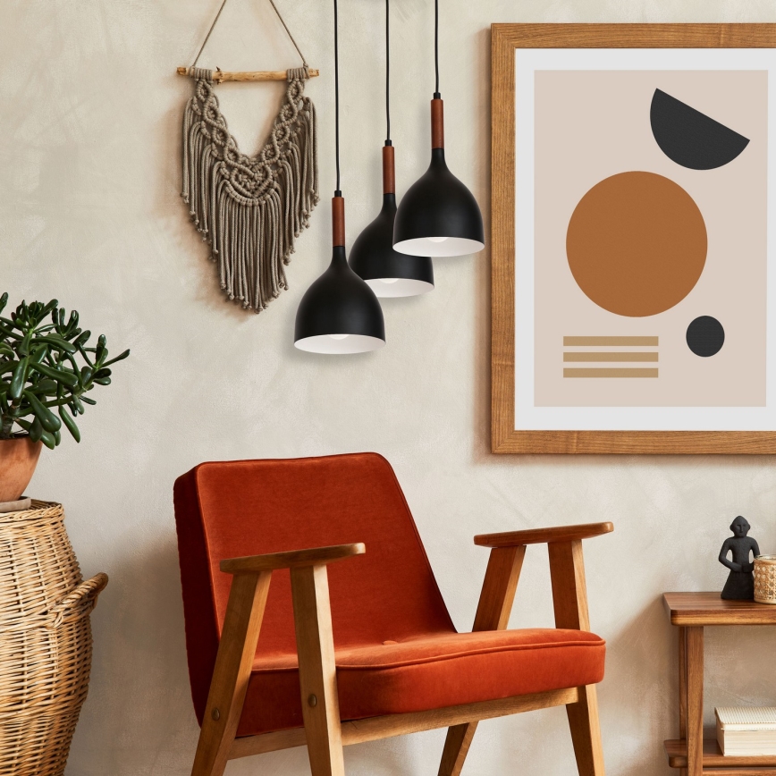 Κρεμαστό φωτιστικό οροφής NOAK WOOD 3xE27/15W/230V μαύρο/οξιά