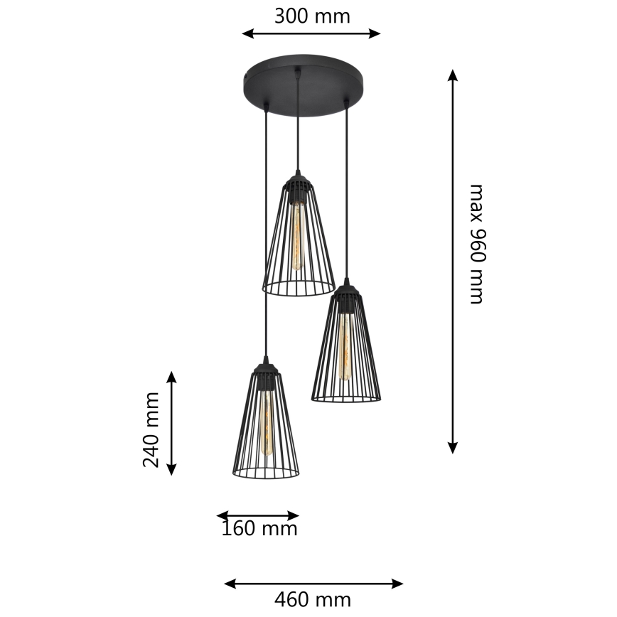 Κρεμαστό φωτιστικό οροφής TORRI 3xE27/15W/230V μαύρο