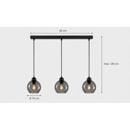 Κρεμαστό φωτιστικό οροφής UNO 3xE27/60W/230V μαύρο/φιμέ