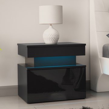 Κομοδίνο GLOSSA 55x51 cm με ενσωματωμένο LED φωτισμό, μαύρο/γυαλιστερό φινίρισμα