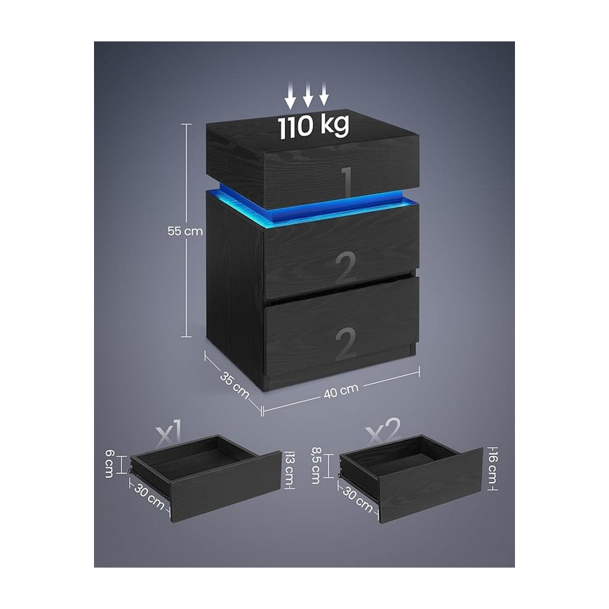 Κομοδίνο SMARTIE με ενσωματωμένο φωτισμό, μαύρο