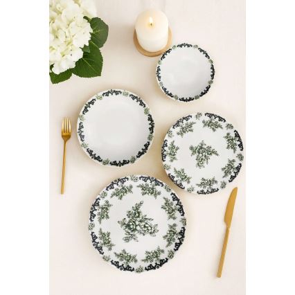 Κομψό σετ τραπεζαρίας 24 τεμαχίων από πορσελάνη — λευκό/πράσινο