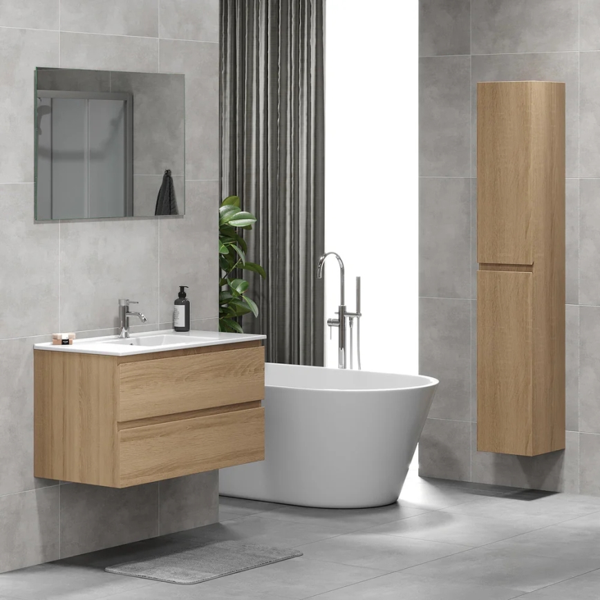 Κομψό ντουλάπι μπάνιου με νιπτήρα KENWOOD 91x50x45 εκ., σε απόχρωση δρυός