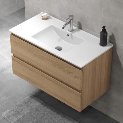 Κομψό ντουλάπι μπάνιου με νιπτήρα KENWOOD 91x50x45 εκ., σε απόχρωση δρυός