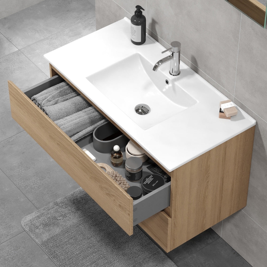 Κομψό ντουλάπι μπάνιου με νιπτήρα KENWOOD 91x50x45 εκ., σε απόχρωση δρυός