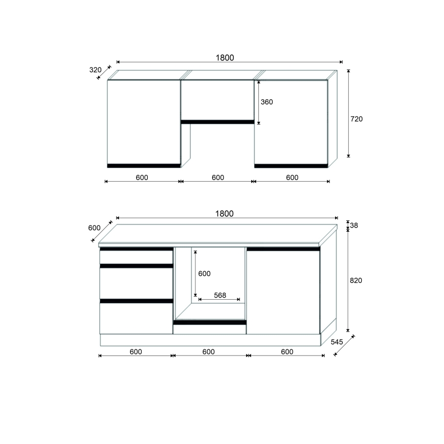 Κουζίνα MARINA 180 εκ. δρυς craft/γυαλιστερό μαύρο