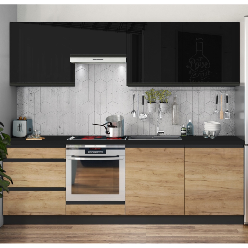 Κουζίνα MARINA 240 cm δρυς craft/γυαλιστερό μαύρο