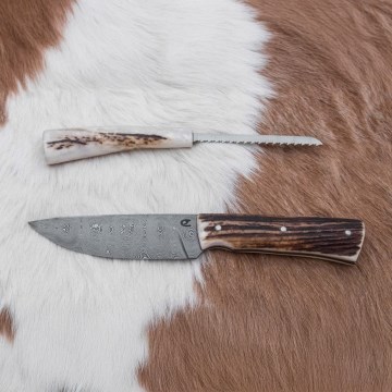 Κυνηγετικό μαχαίρι Δαμασκού με μίνι πριόνι 11 cm κέρατο ελαφιού