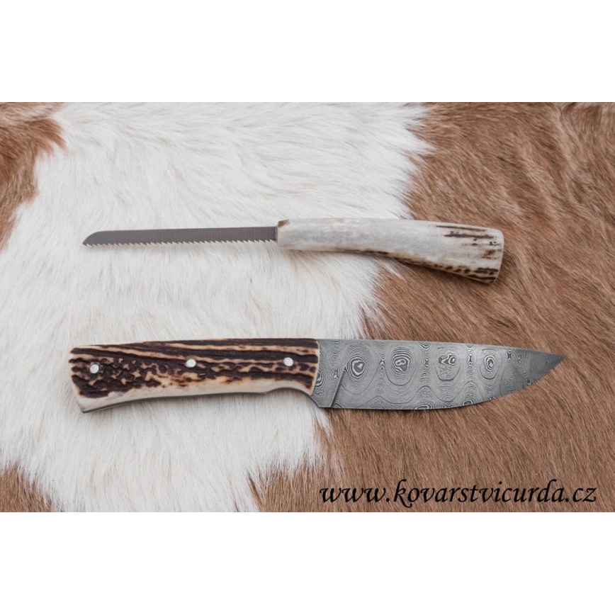 Κυνηγετικό μαχαίρι Δαμασκού με μίνι πριόνι 11 cm κέρατο ελαφιού