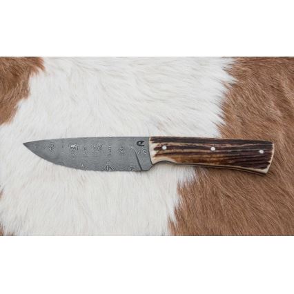 Κυνηγετικό μαχαίρι Δαμασκού με μίνι πριόνι 11 cm κέρατο ελαφιού