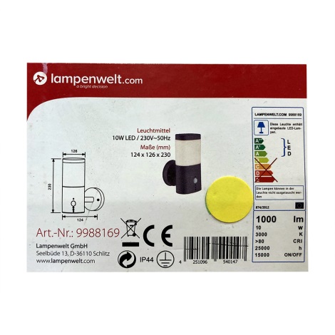 Lampenwelt - Φωτιστικό εξωτερικού χώρου LED με αισθητήρα LED/10W/230V IP44