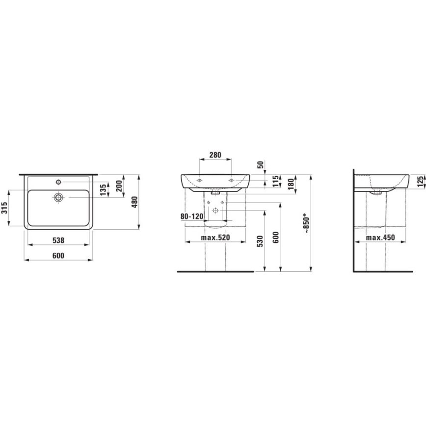 LAUFEN H8189520001041 - Νιπτήρας μπάνιου/κρεμαστός ή για έπιπλο PRO 60x48 cm κεραμικός/λευκό