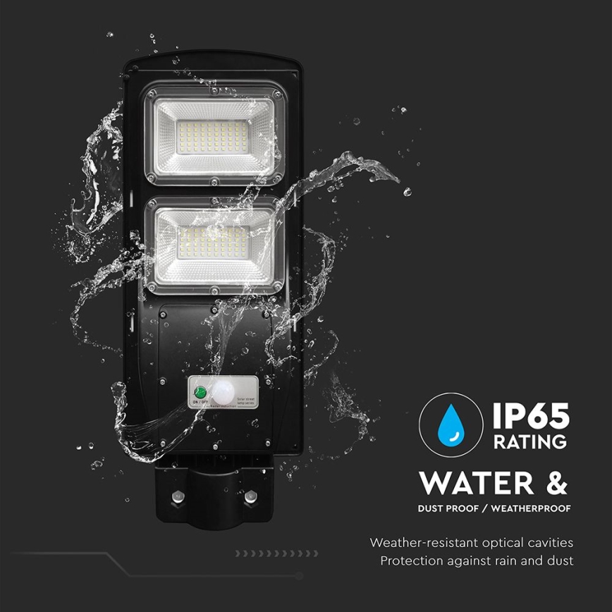 LED ρυθμιζόμενος ηλιακός φωτισμός δρόμου με αισθητήρα κίνησης και λυκόφωτος LED/8W/3,2V 6000K IP65 9000 mAh μαύρο + τηλεχειριστήριο