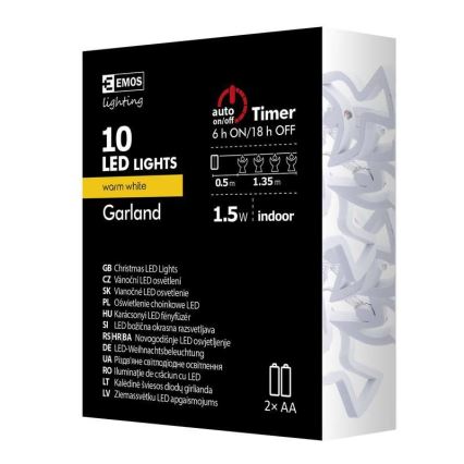 LED αλυσίδα CHAIN 10xLED/2xAA 1,85 m θερμό λευκό