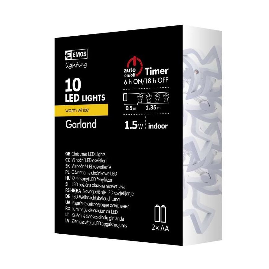 LED αλυσίδα CHAIN 10xLED/2xAA 1,85 m θερμό λευκό
