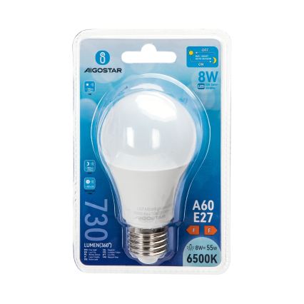 LED λάμπα με αισθητήρα λυκόφωτος A60 E27/8W/230V 6500K - Aigostar