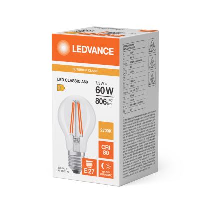 LED λάμπα με αισθητήρα σούρουπου CLASSIC FILAMENT A60 E27/7,3W/230V 2700K - Osram