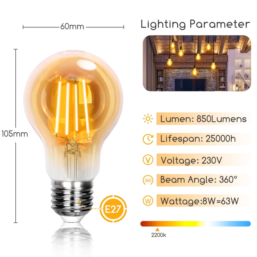 LED Λαμπτήρας A60 E27/8W/230V 2200K - Aigostar
