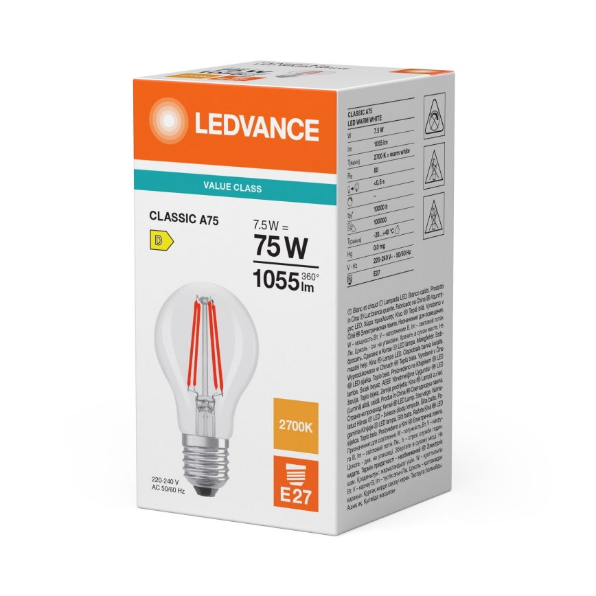 LED Λαμπτήρας CLASSIC FILAMENT A60 E27/7,5W/230V 2700K - Ledvance
