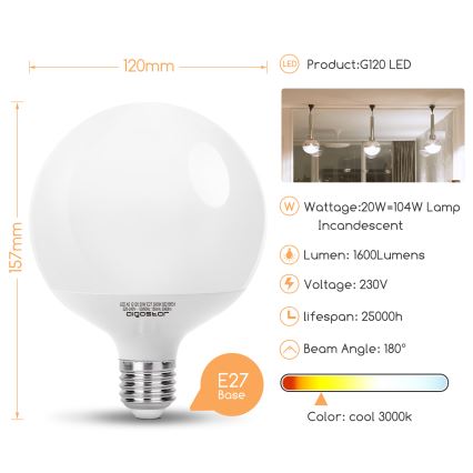 LED λαμπτήρας G120 E27/20W/230V 3000K - Aigostar