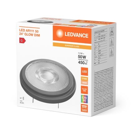 LED λαμπτήρας ρυθμιζόμενης φωτεινότητας AR111 G53/7,2W/12V 1800-2700K 24° CRI 90 - Ledvance