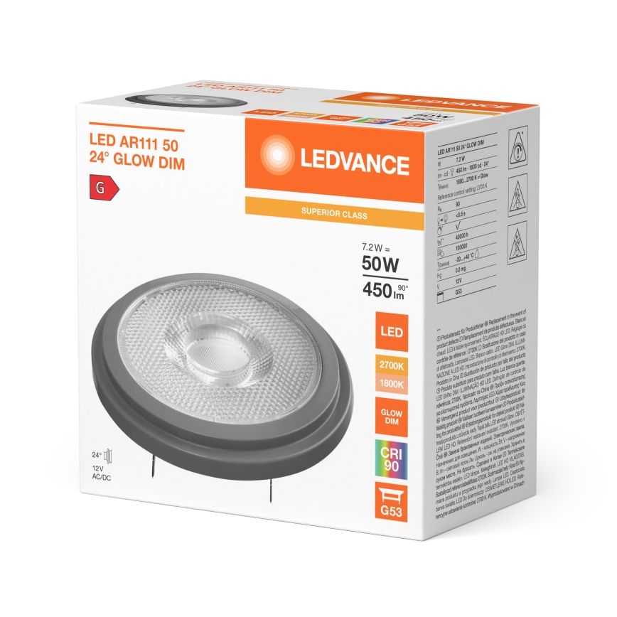 LED λαμπτήρας ρυθμιζόμενης φωτεινότητας AR111 G53/7,2W/12V 1800-2700K 24° CRI 90 - Ledvance